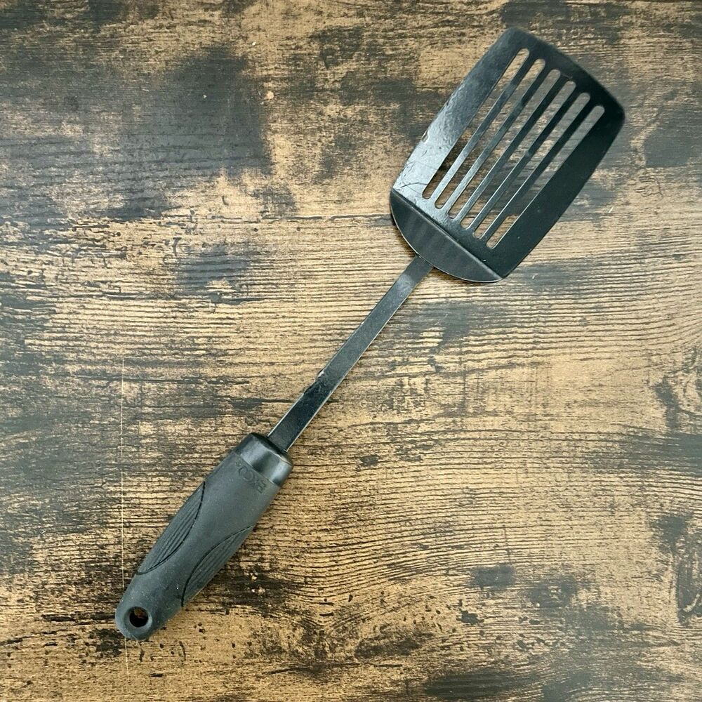 Vintage EKCO Black Metal Slotted Spatula Turner Soft Handle Kitchen Utensil